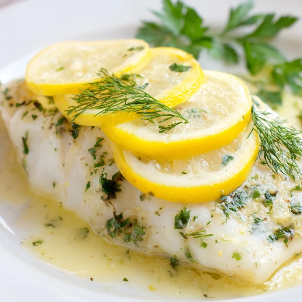 A close-up of a delicate baked halibut fillet served with steamed asparagus and roasted potatoes.