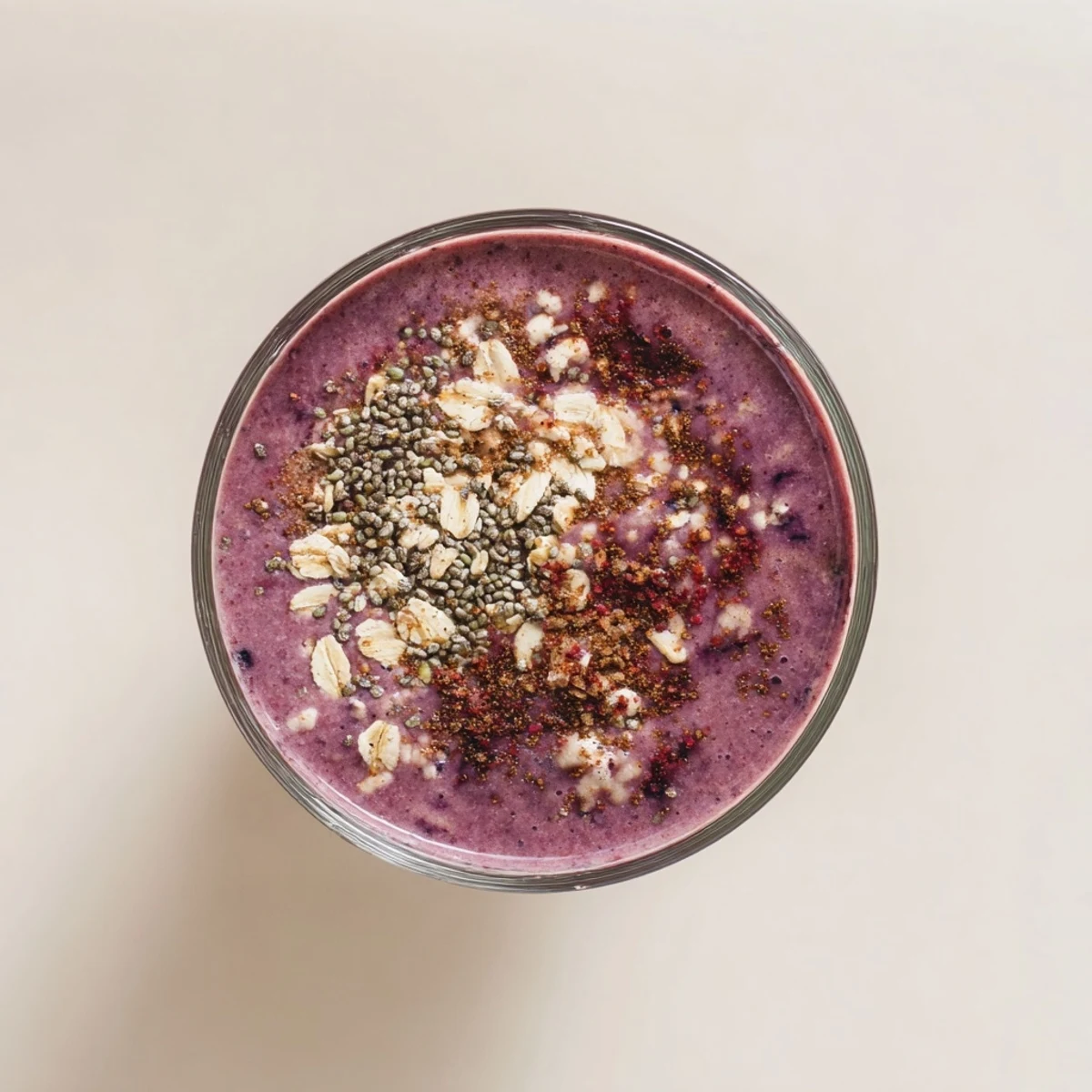 Close-up of a creamy Winter Smoothie Blend with Berries, with a drizzle of honey and a sprig of mint.
