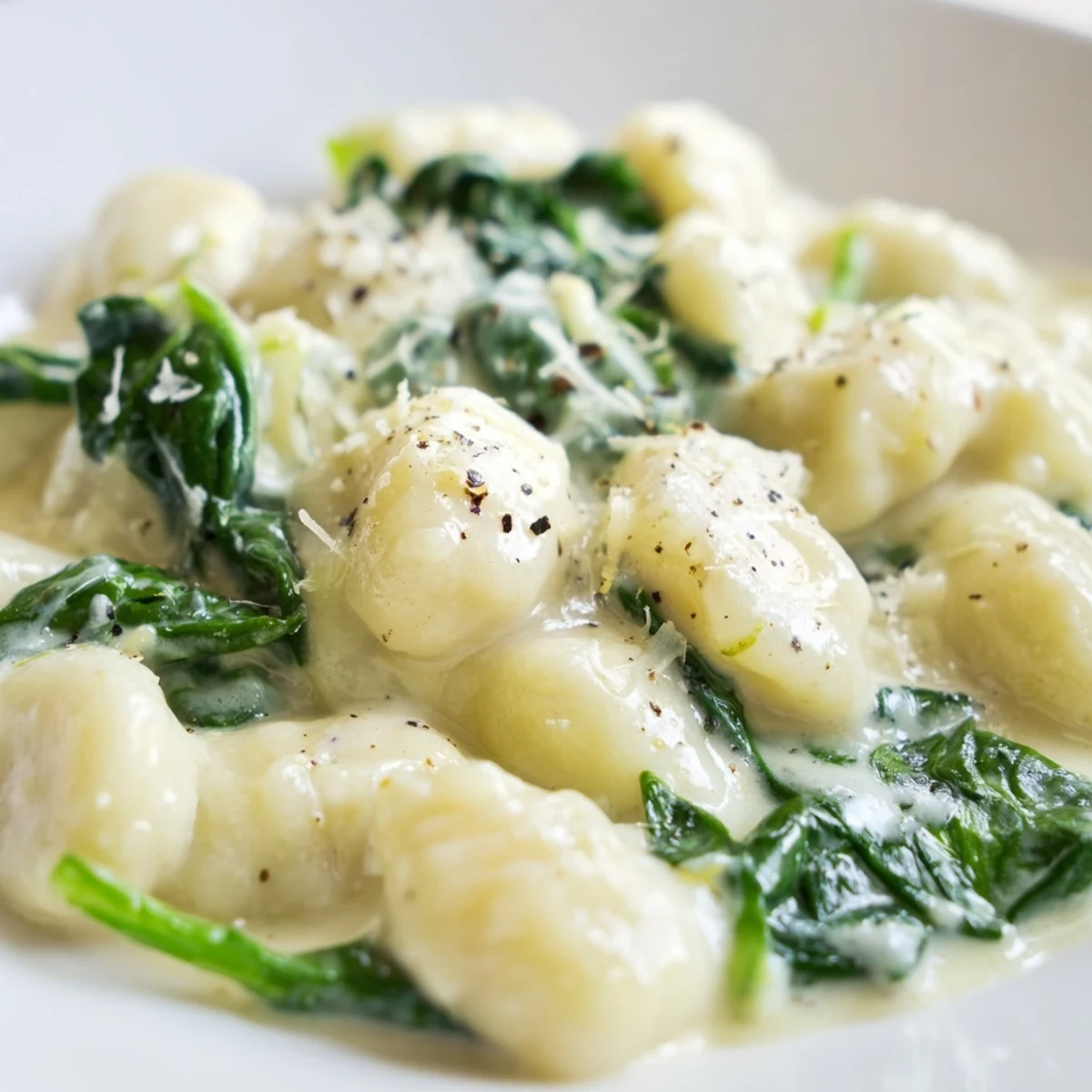 Creamy Gnocchi with Spinach on a plate, garnished with extra Parmesan and black pepper, ready to eat.