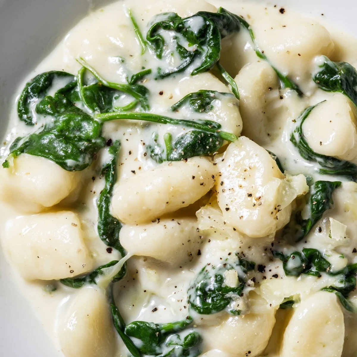 Close-up of Creamy Gnocchi with Spinach showing tender dumplings in a luscious sauce, served with a white wine.