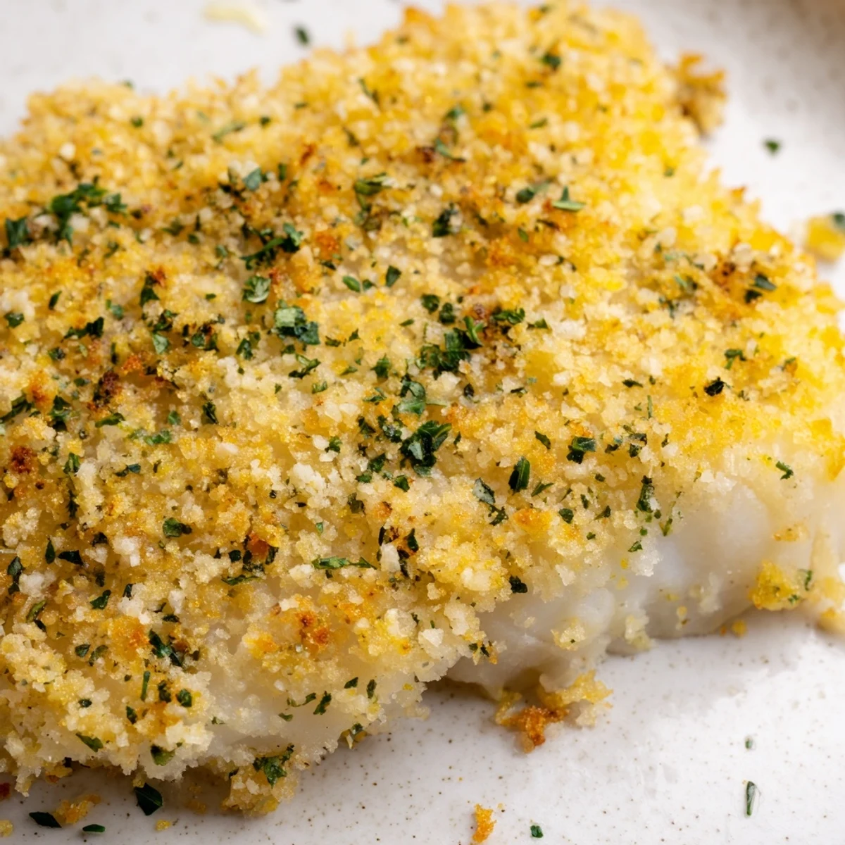 A close-up view of Baked Cod with Panko Crust, highlighting the crispy, buttery topping on tender, flaky white fish.  