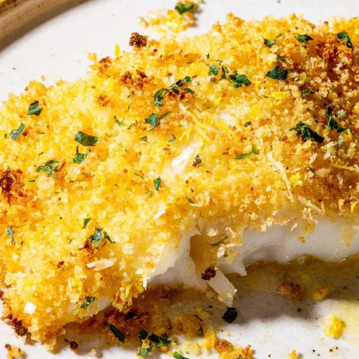 Golden-brown Baked Cod with Panko Crust sits on a baking sheet, garnished with fresh parsley and served with bright lemon wedges.  