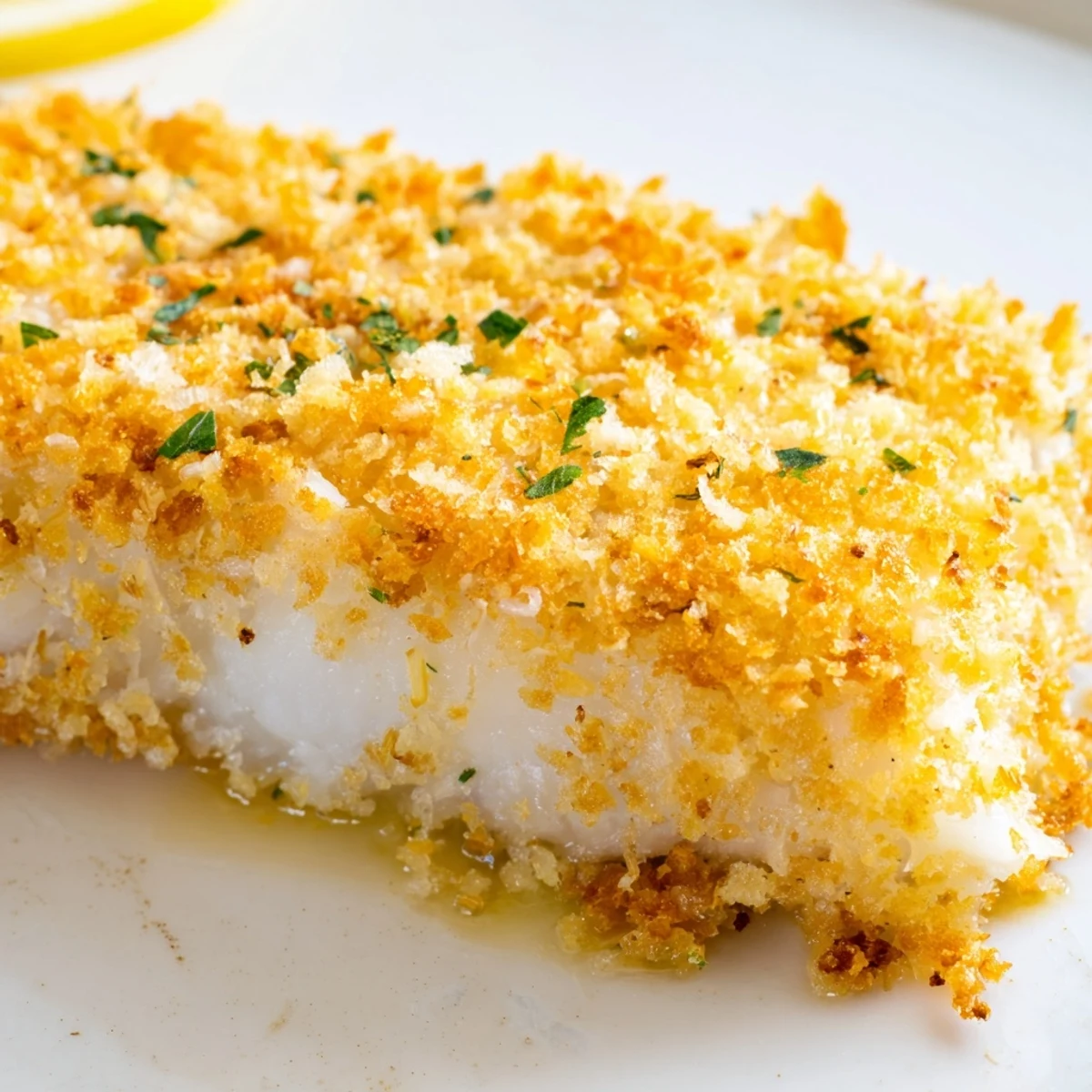 Perfectly baked Baked Cod with Panko Crust on a plate, ready to enjoy with roasted vegetables and a squeeze of lemon.