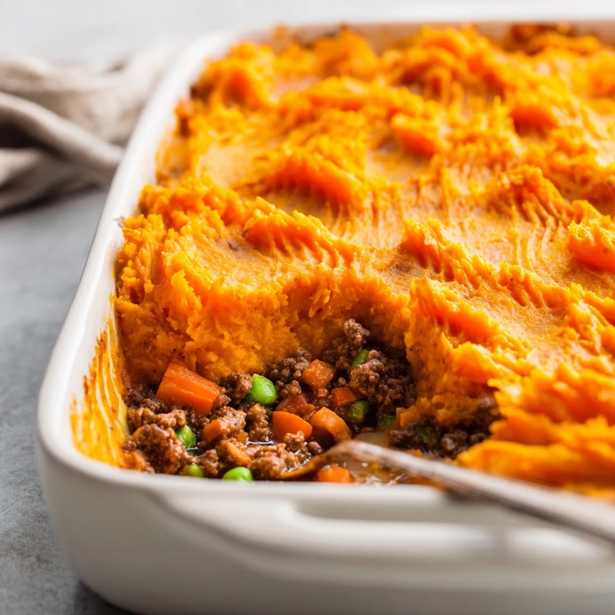 A close-up of Beef Shepherd's Pie with Sweet Potato, featuring a golden-brown mashed sweet potato topping over savory beef filling.