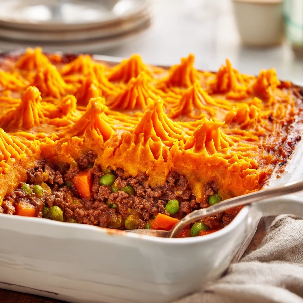 Rustic dish of Beef Shepherd's Pie with Sweet Potato bubbling in a baking dish, ready to serve for a comforting family dinner.