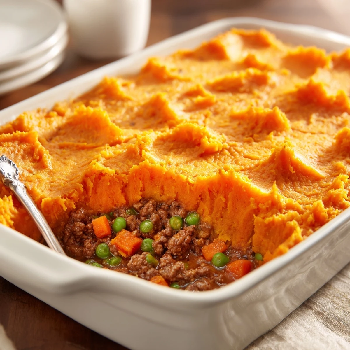 Spoon lifting a hearty serving of Beef Shepherd's Pie with Sweet Potato, revealing the rich, seasoned ground beef and vegetable layer.