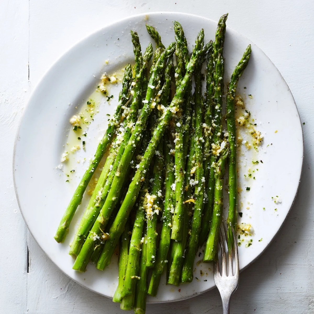 Close-up of Lemon Garlic Asparagus with Parmesan, a simple Mediterranean side dish perfect for spring dinners.