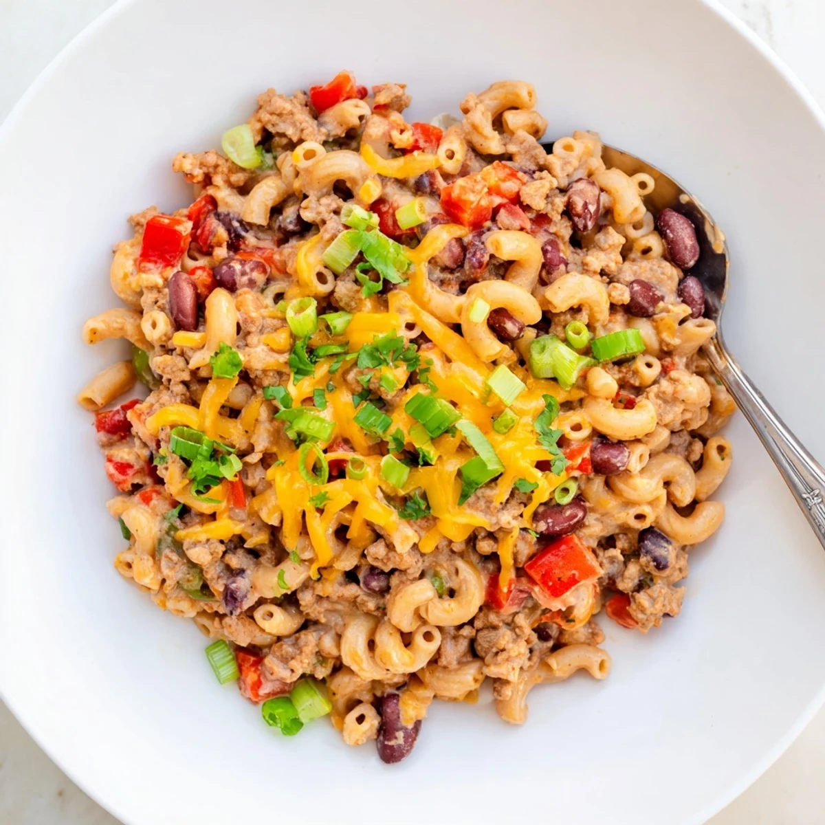 A hearty bowl of Turkey Chili Mac and Cheese, featuring creamy cheddar sauce, tender pasta, and savory ground turkey.
