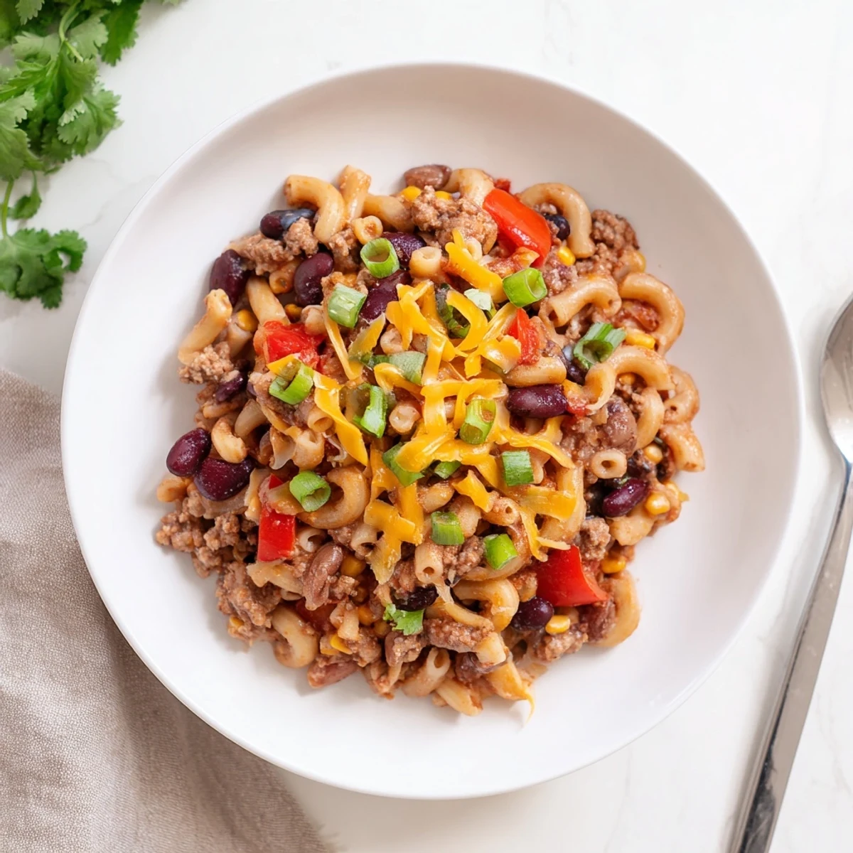 Creamy Turkey Chili Mac and Cheese served in a rustic bowl, topped with melted cheddar, green onions, and sour cream.