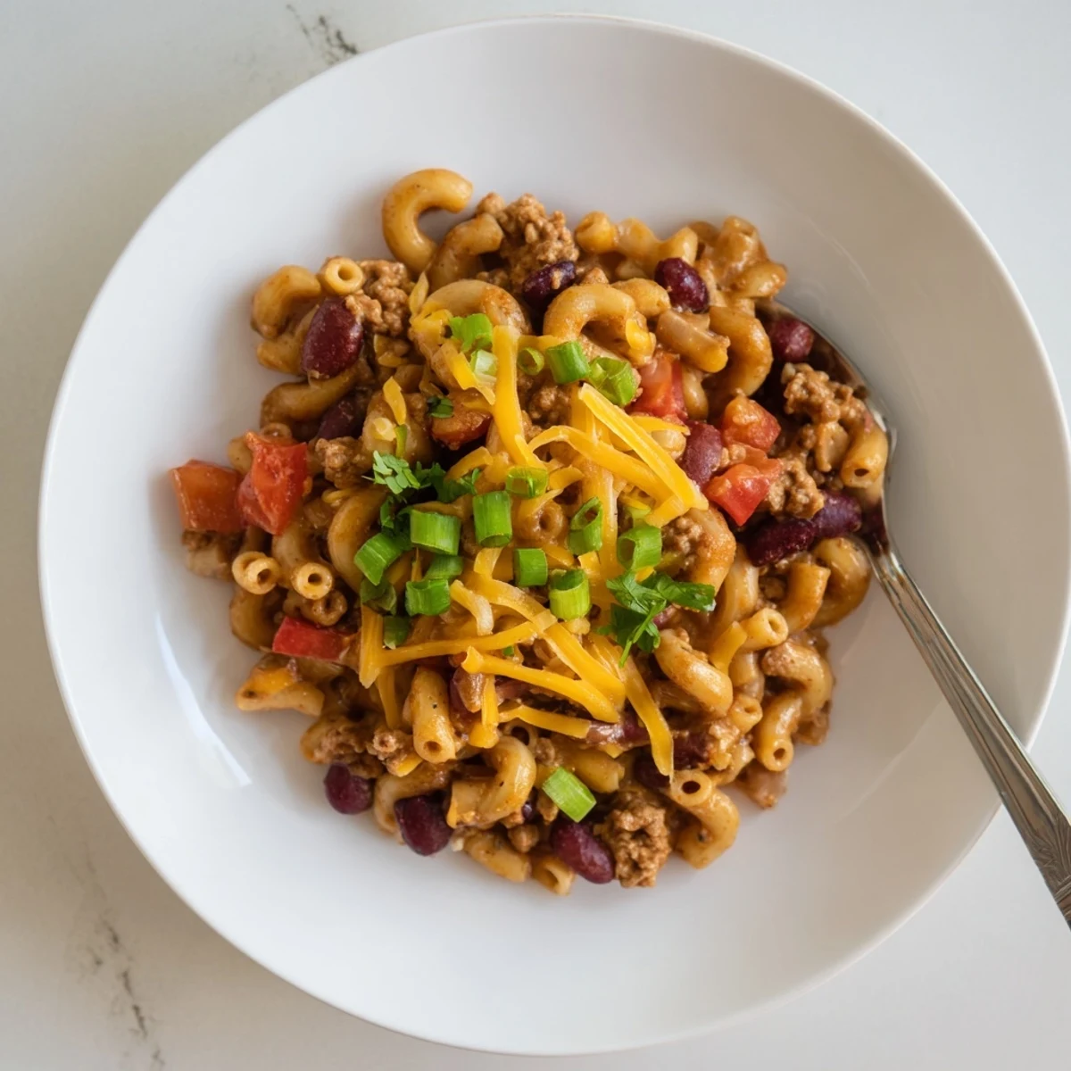 Comforting Turkey Chili Mac and Cheese with colorful kidney beans and bell peppers, ready for a cozy weeknight family dinner.