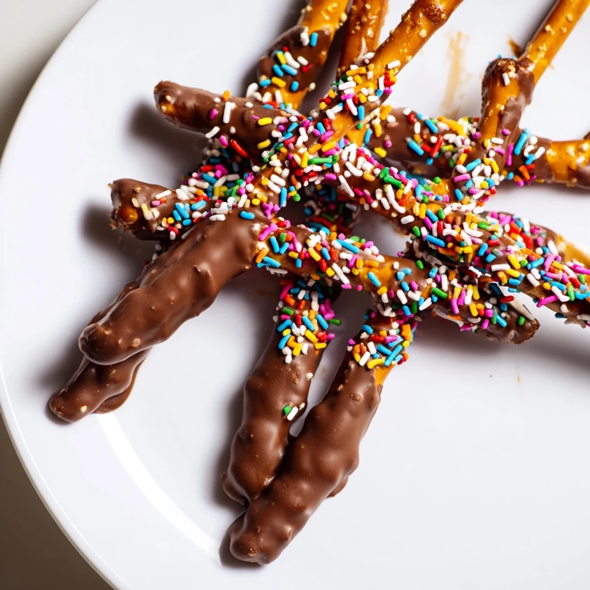 Crispy pretzel rods dipped in glossy melted chocolate, topped with colorful sprinkles on a baking sheet.