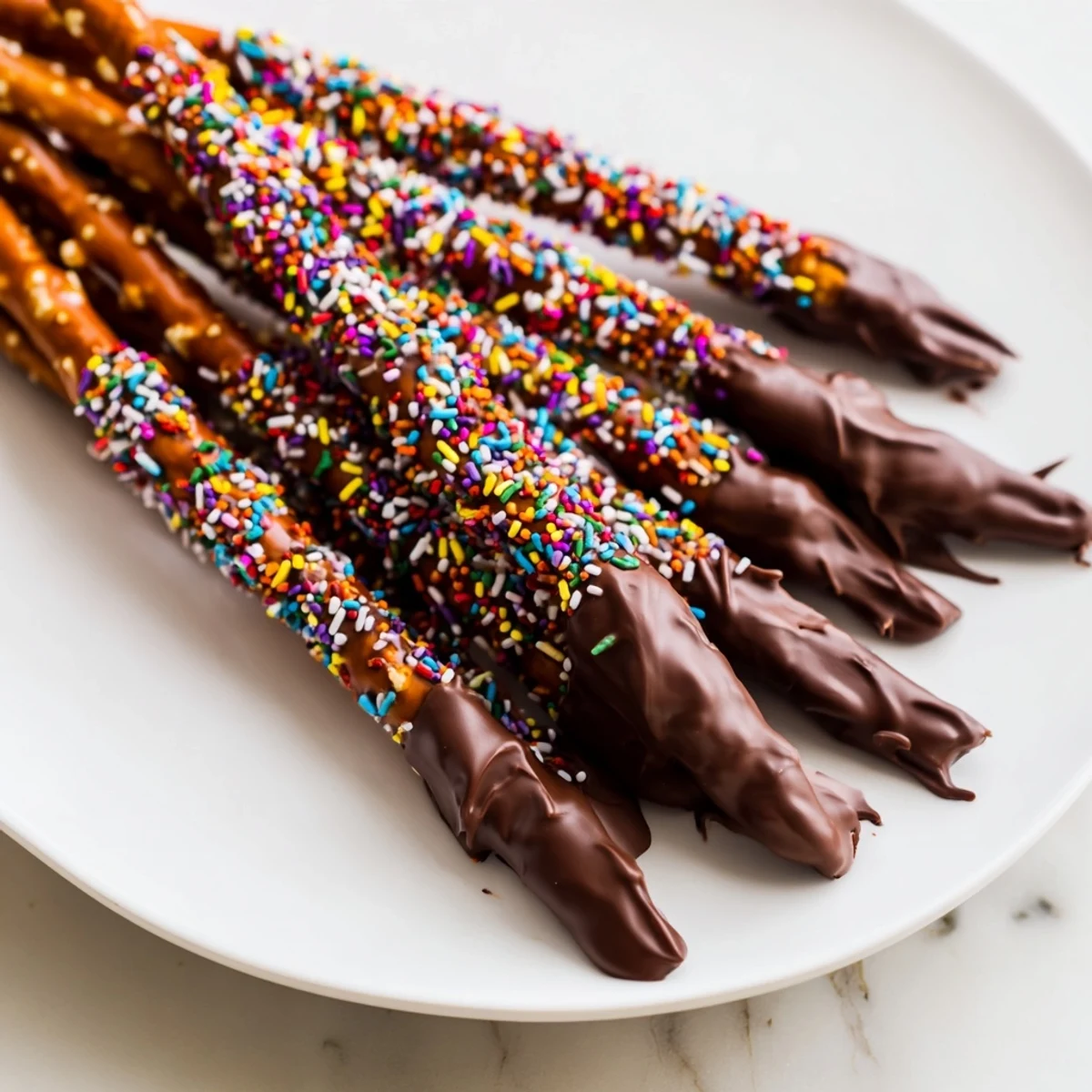 Homemade Chocolate Covered Pretzels with Sprinkles ready to cool and enjoy, perfect for holiday trays.