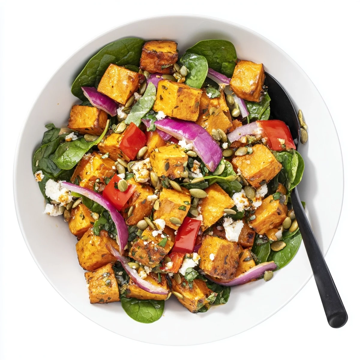 Golden roasted sweet potato salad with lime, spinach, and fresh cilantro on a rustic platter.