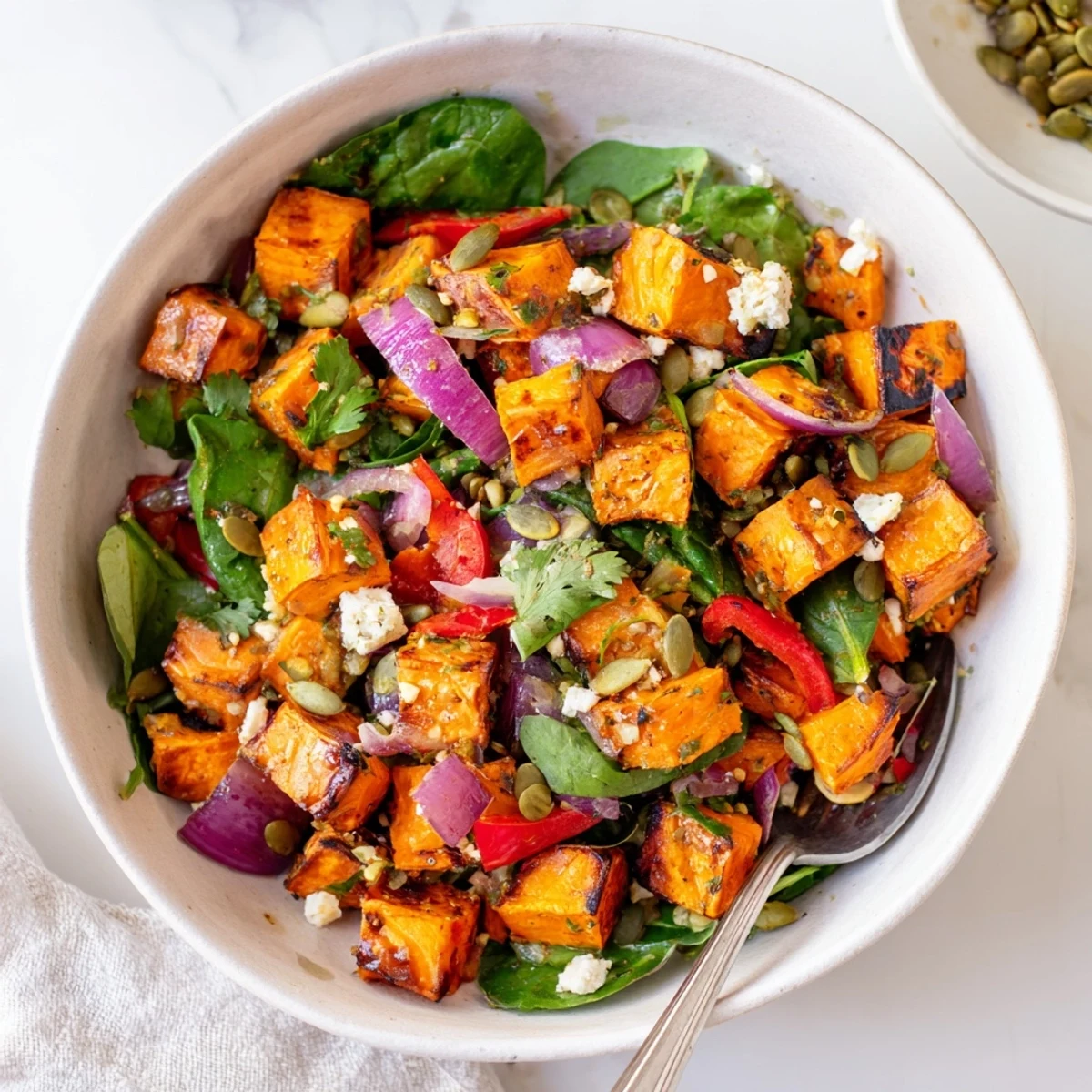 Roasted sweet potato salad with lime topped with crumbled feta and toasted pumpkin seeds.