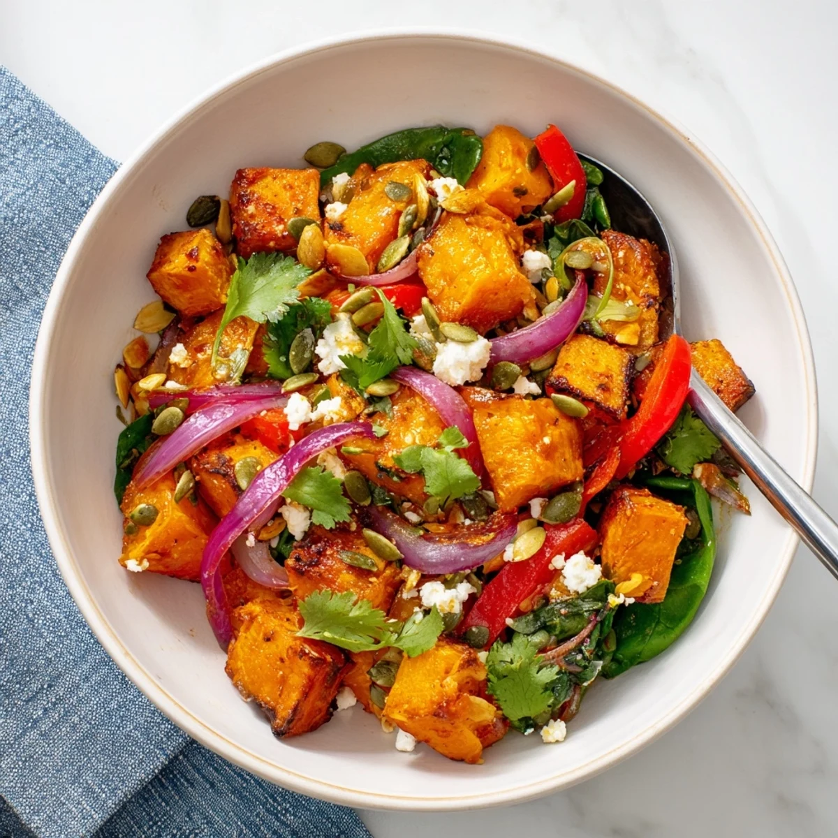 Vibrant roasted sweet potato salad with lime, featuring red onion, bell pepper, and herbs.