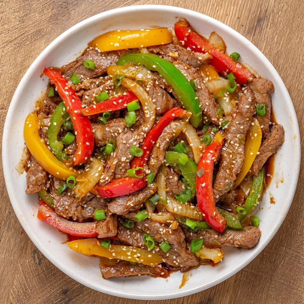 Tender beef strips and vibrant bell peppers glisten in a spicy, savory sauce, ready for a quick weeknight dinner.  