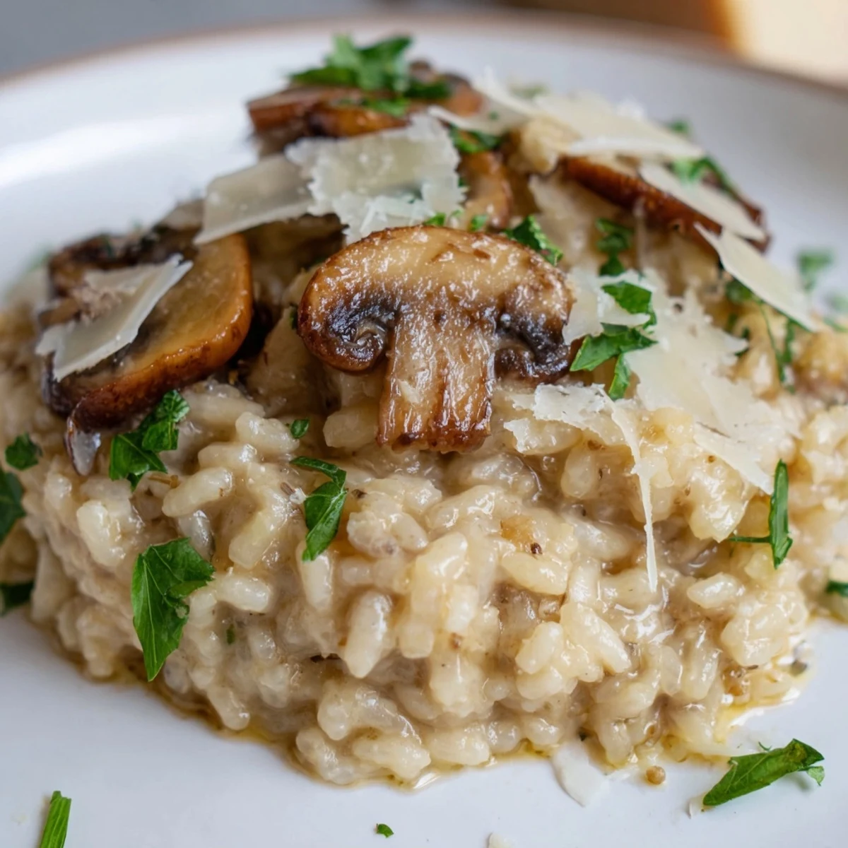 Creamy Mushroom Risotto with Parmesan served in a rustic white bowl, garnished with fresh parsley and extra cheese.
