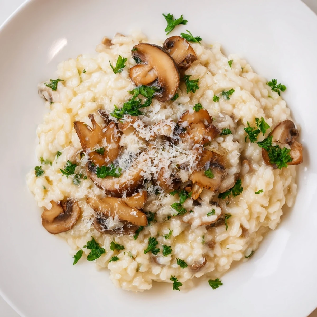 A steaming bowl of Creamy Mushroom Risotto with Parmesan features a cheese mound, perfect alongside a glass of crisp white wine.
