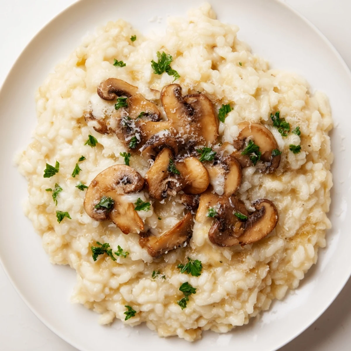 Earthy mushroom pieces peek through the creamy rice in this Creamy Mushroom Risotto with Parmesan, ideal for a cozy Italian dinner.