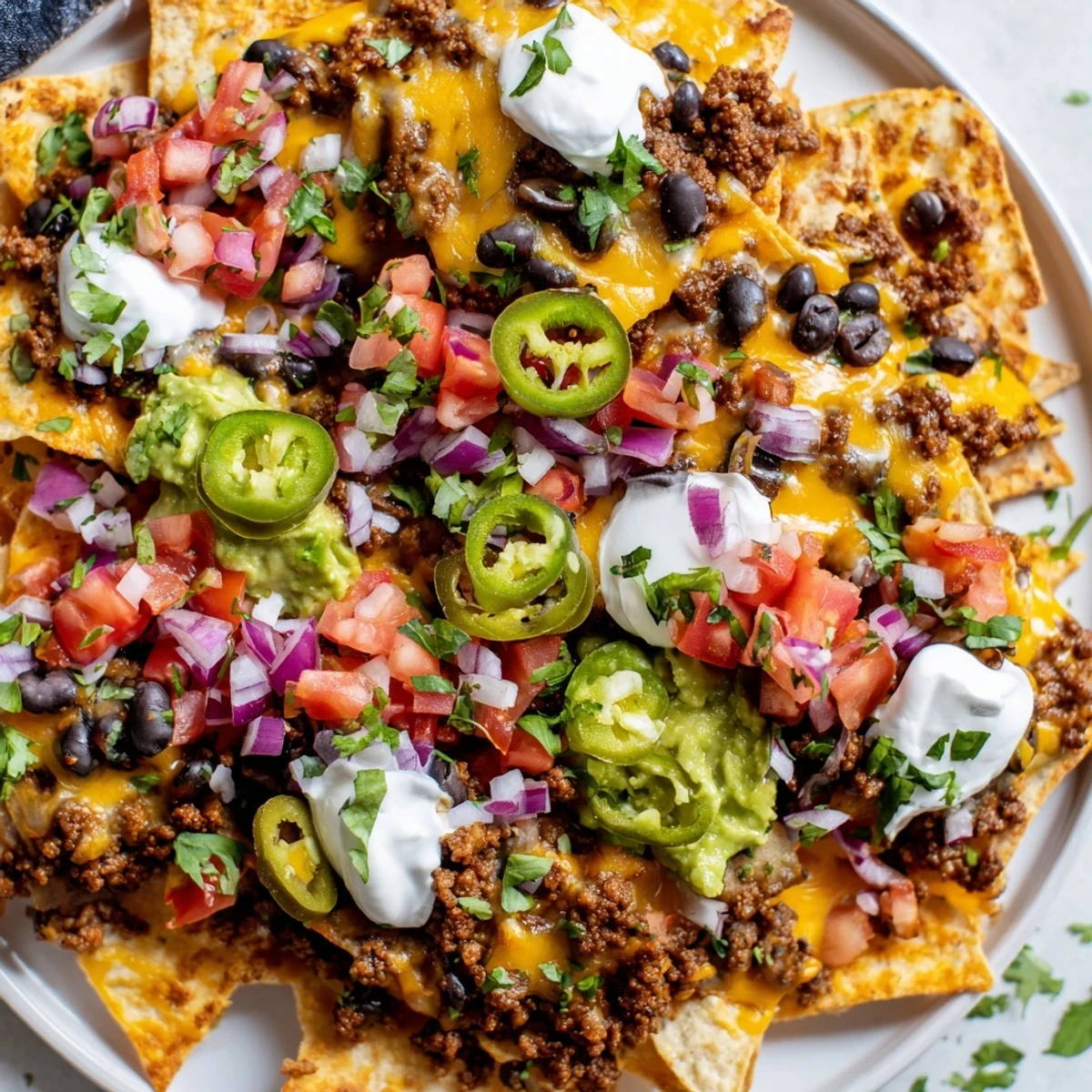 Super Bowl Loaded Nacho Bar with Beef layered with seasoned ground beef, melty cheese, and vibrant toppings on crispy chips.