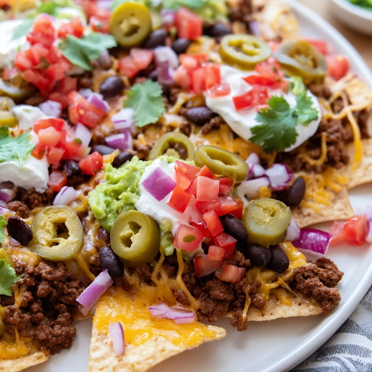 A close-up of hot Super Bowl Loaded Nacho Bar with Beef topped with sour cream, guacamole, and lime wedges.