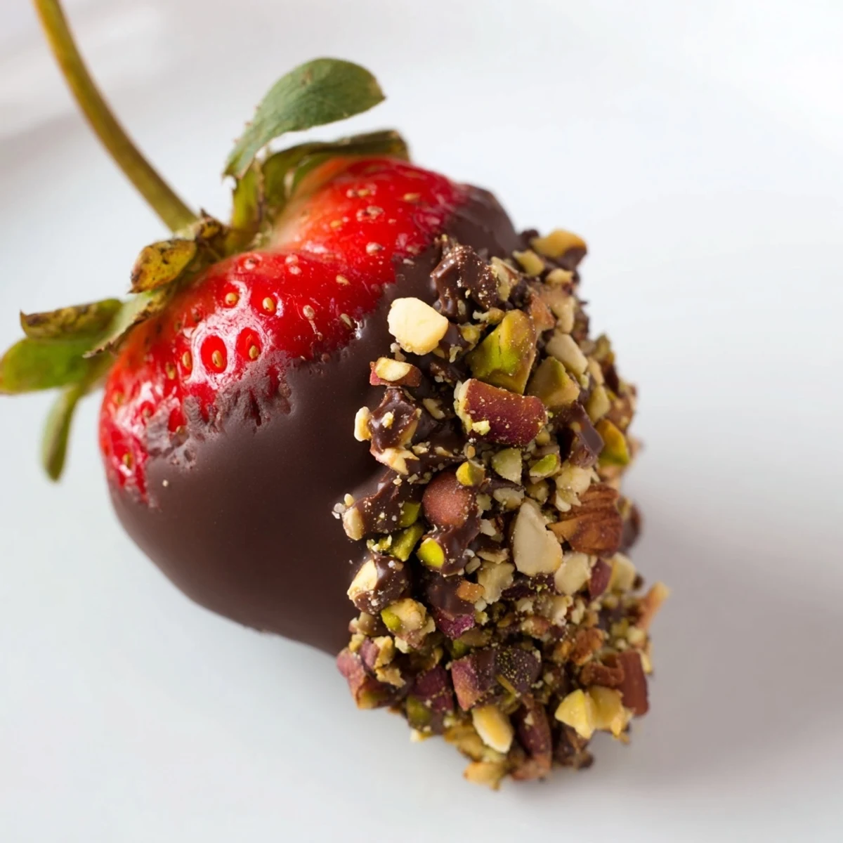 Fresh strawberries dipped in Valentine Chocolate Dipped Strawberries with Nuts, featuring semi-sweet chocolate and crunchy mixed nuts.