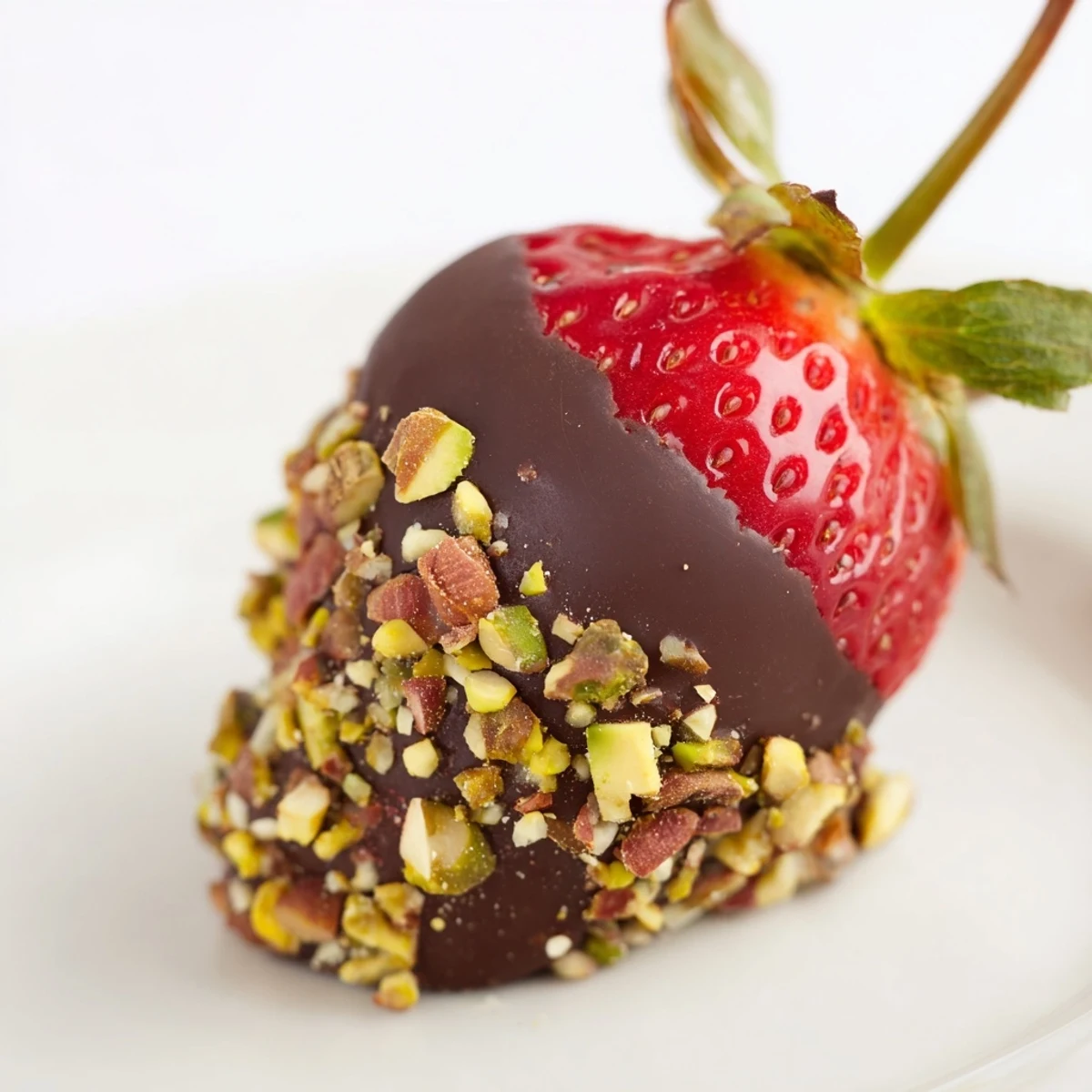 Valentine Chocolate Dipped Strawberries with Nuts on a romantic platter, glossy chocolate coating and pistachios for an elegant dessert.