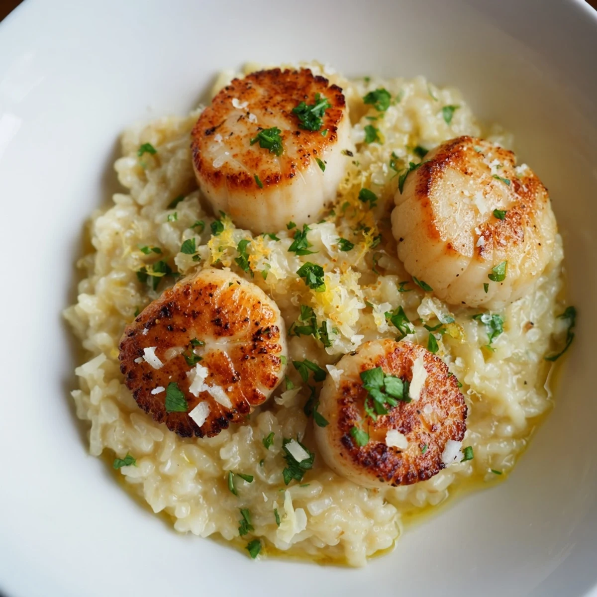 Tender scallops sizzled in butter pair with zesty lemon risotto on elegant white dinner plates.