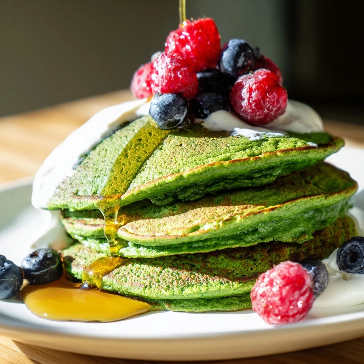 Fluffy St. Patricks Day Green Spinach Pancakes stacked high on a white plate, drizzled with maple syrup for a festive morning treat.