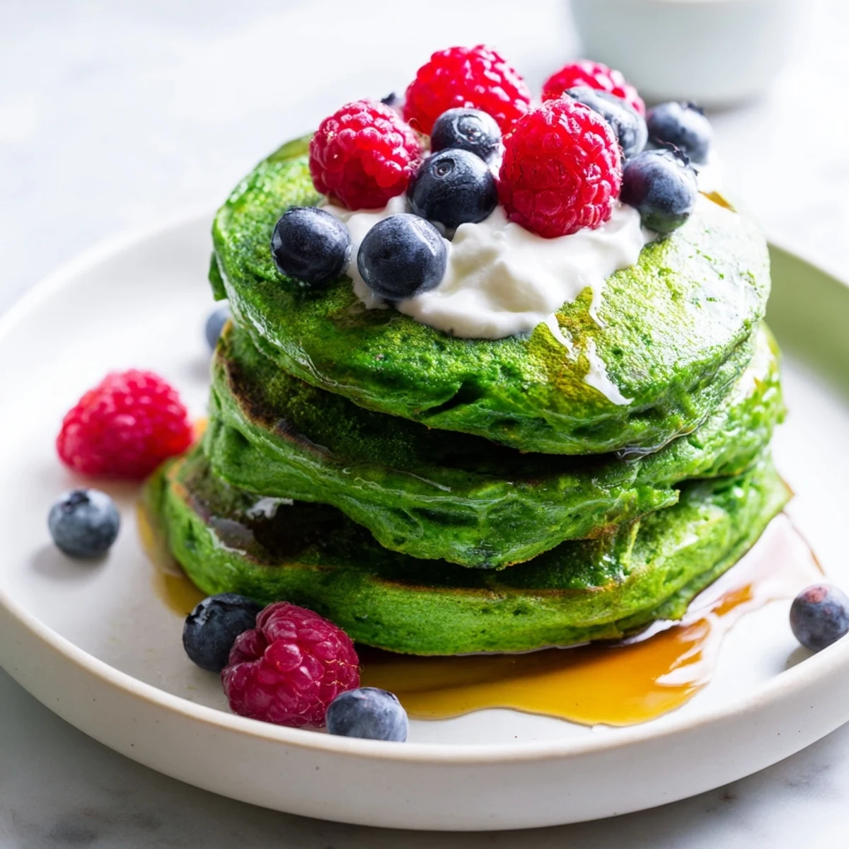 Vibrant St. Patricks Day Green Spinach Pancakes served with fresh berries and a dollop of Greek yogurt for a healthy brunch.