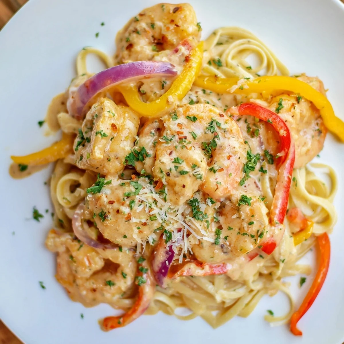 Creamy Mardi Gras Cajun Shrimp Pasta with peppers, shrimp, and parsley served on a white plate.