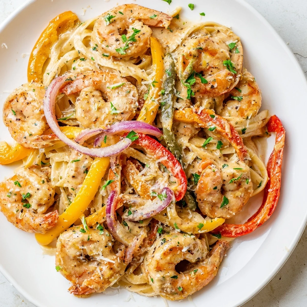 Colorful Mardi Gras Cajun Shrimp Pasta tossed with tri-color bell peppers and garnished with lemon wedges.