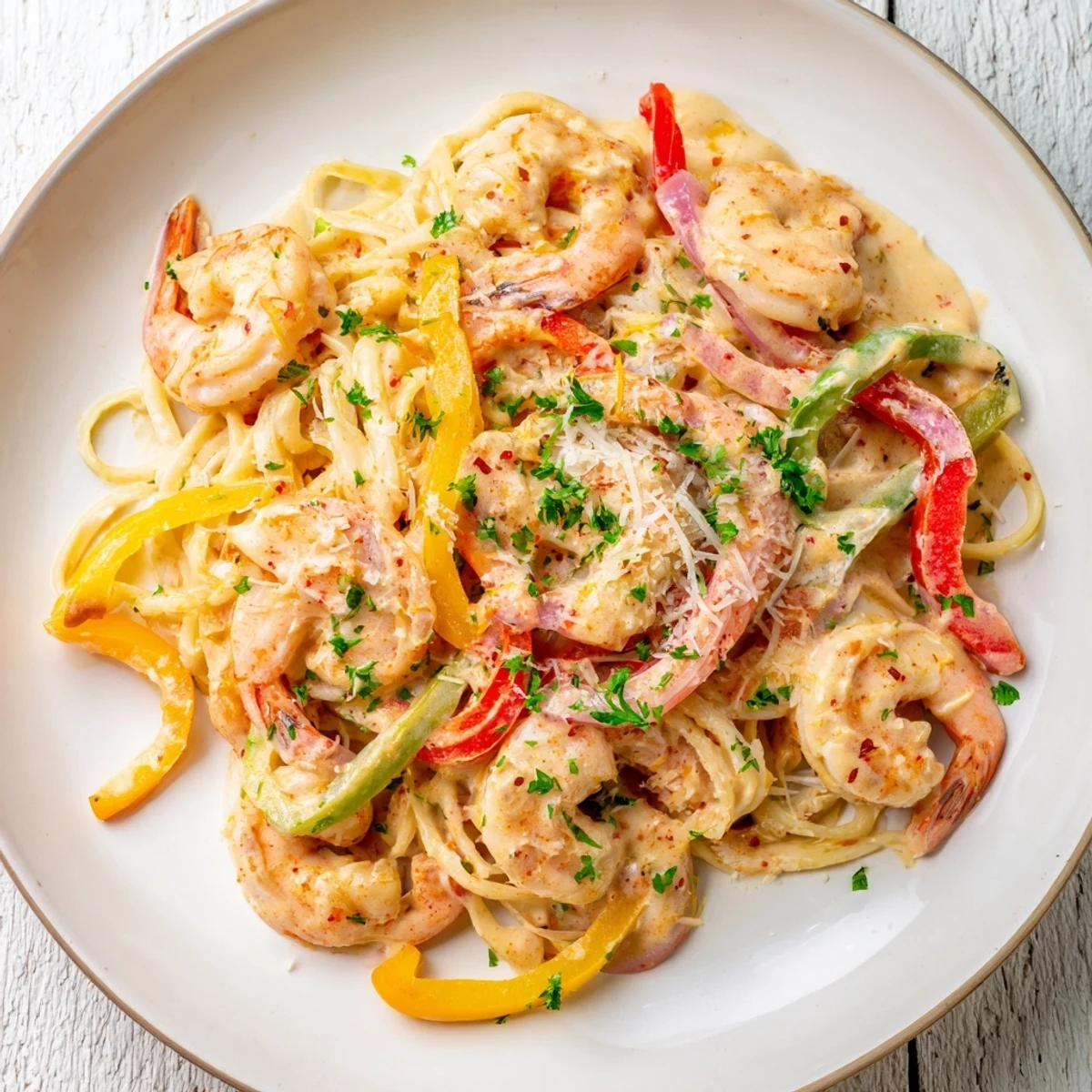 Close-up of Mardi Gras Cajun Shrimp Pasta featuring creamy sauce, tender shrimp, and vibrant peppers in skillet.