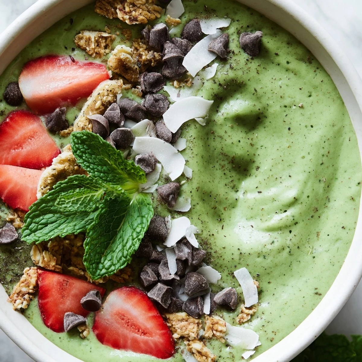 Emerald Isle Mint Chocolate Smoothie Bowl topped with sliced strawberries, chocolate chips, granola, and shredded coconut.