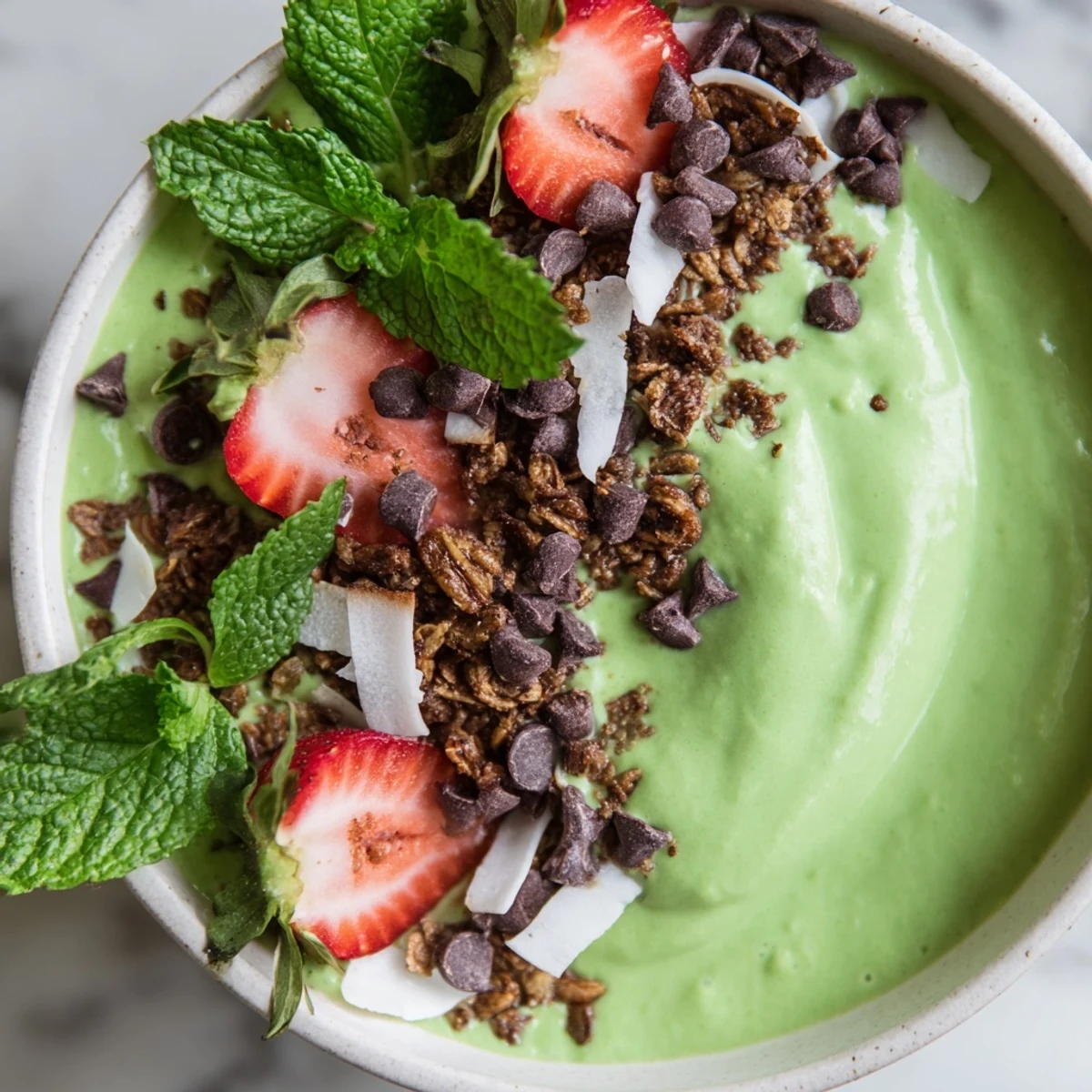 Close-up of a vibrant green Emerald Isle Mint Chocolate Smoothie Bowl garnished with fresh mint leaves.