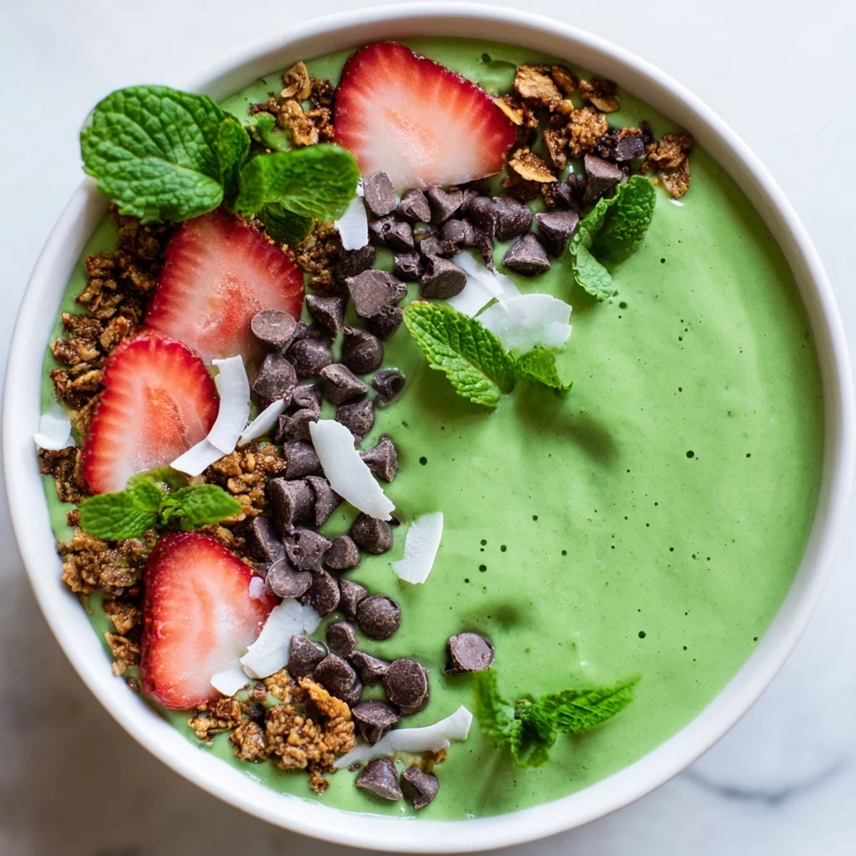 Thick and creamy Emerald Isle Mint Chocolate Smoothie Bowl served in a bowl with colorful toppings.