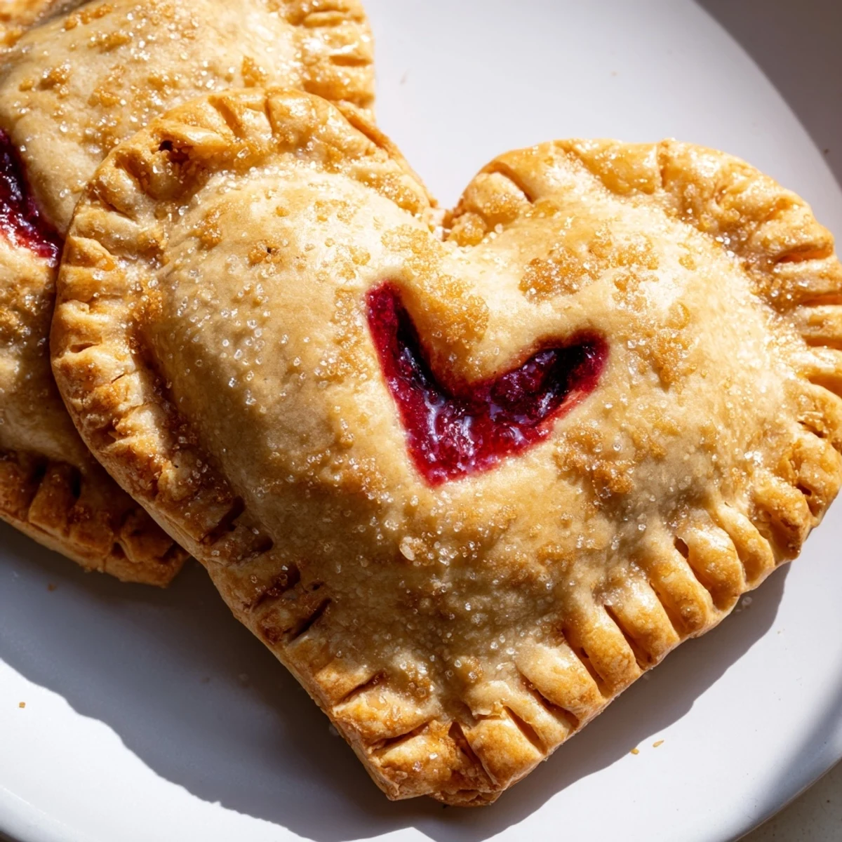 A close-up of heart-shaped raspberry jam hand pies with crimped edges and a sweet glaze.