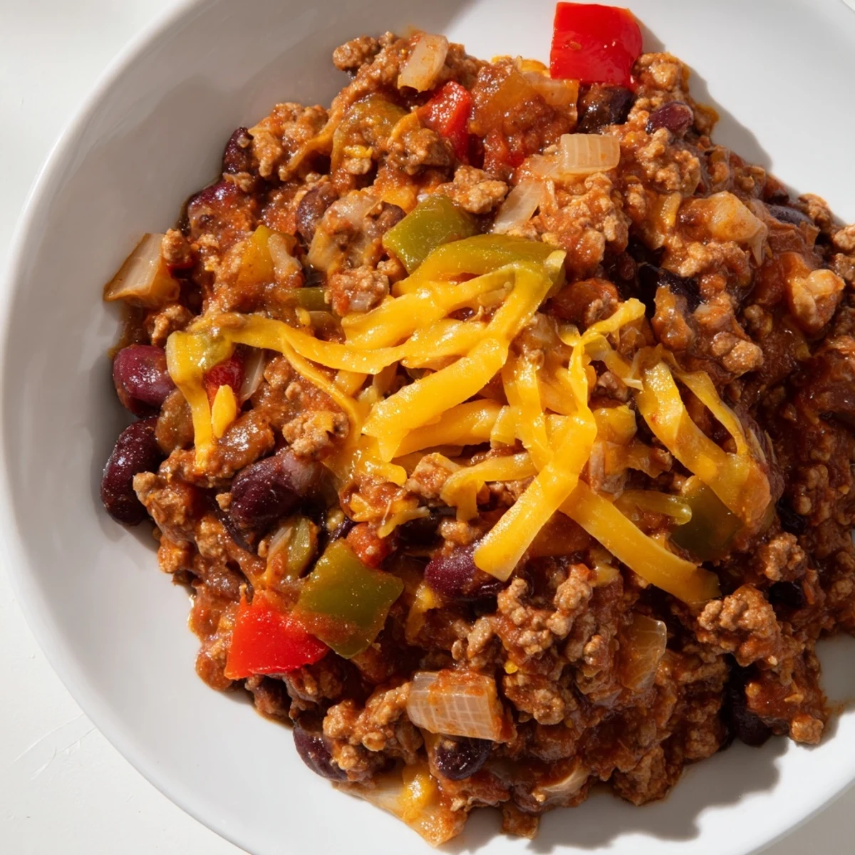 A warm bowl of Touchdown Turkey Chili with Cheddar Cheese, garnished with sour cream and fresh cilantro.