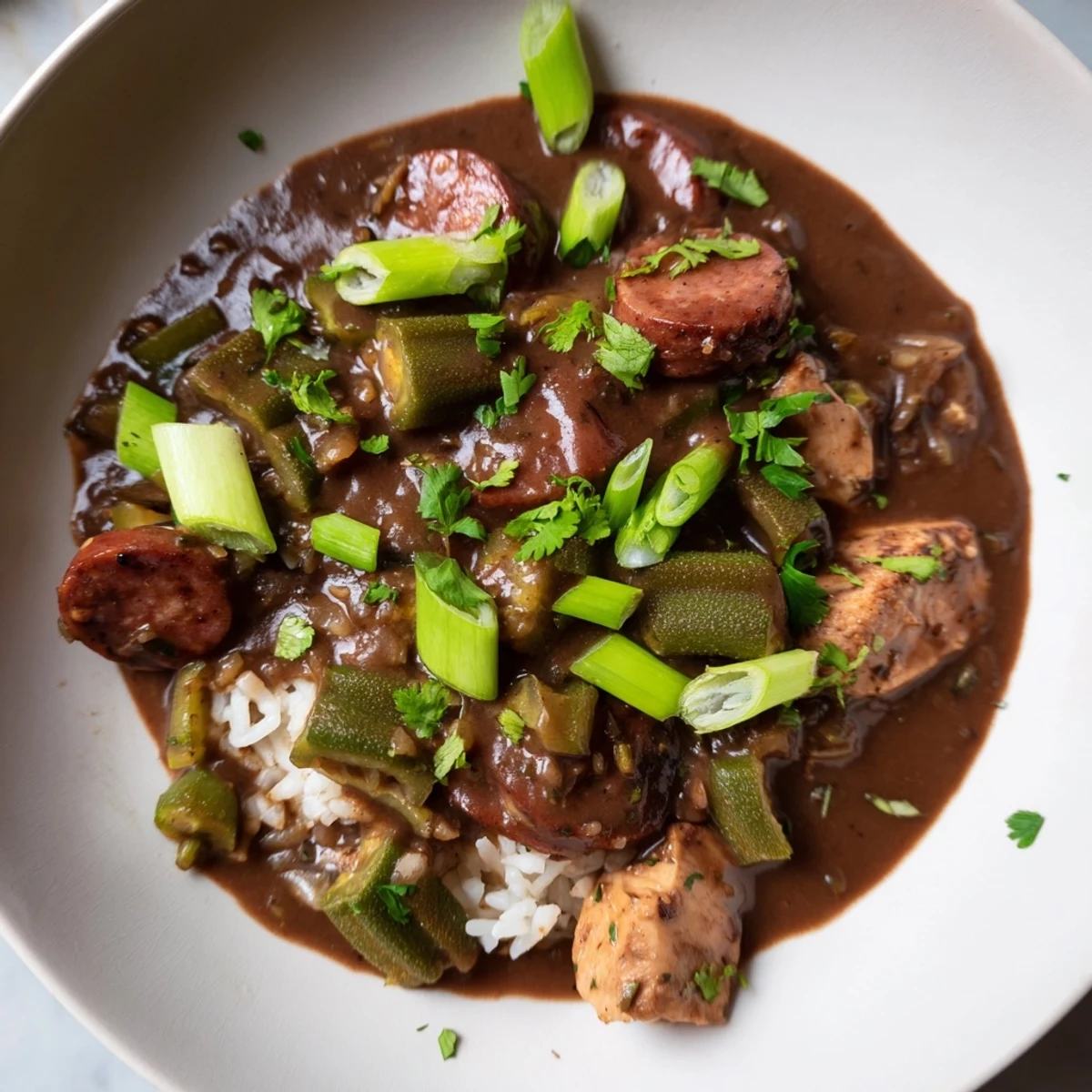 A hearty bowl of New Orleans Style Chicken Gumbo with tender chicken, sausage, and okra over fluffy white rice.