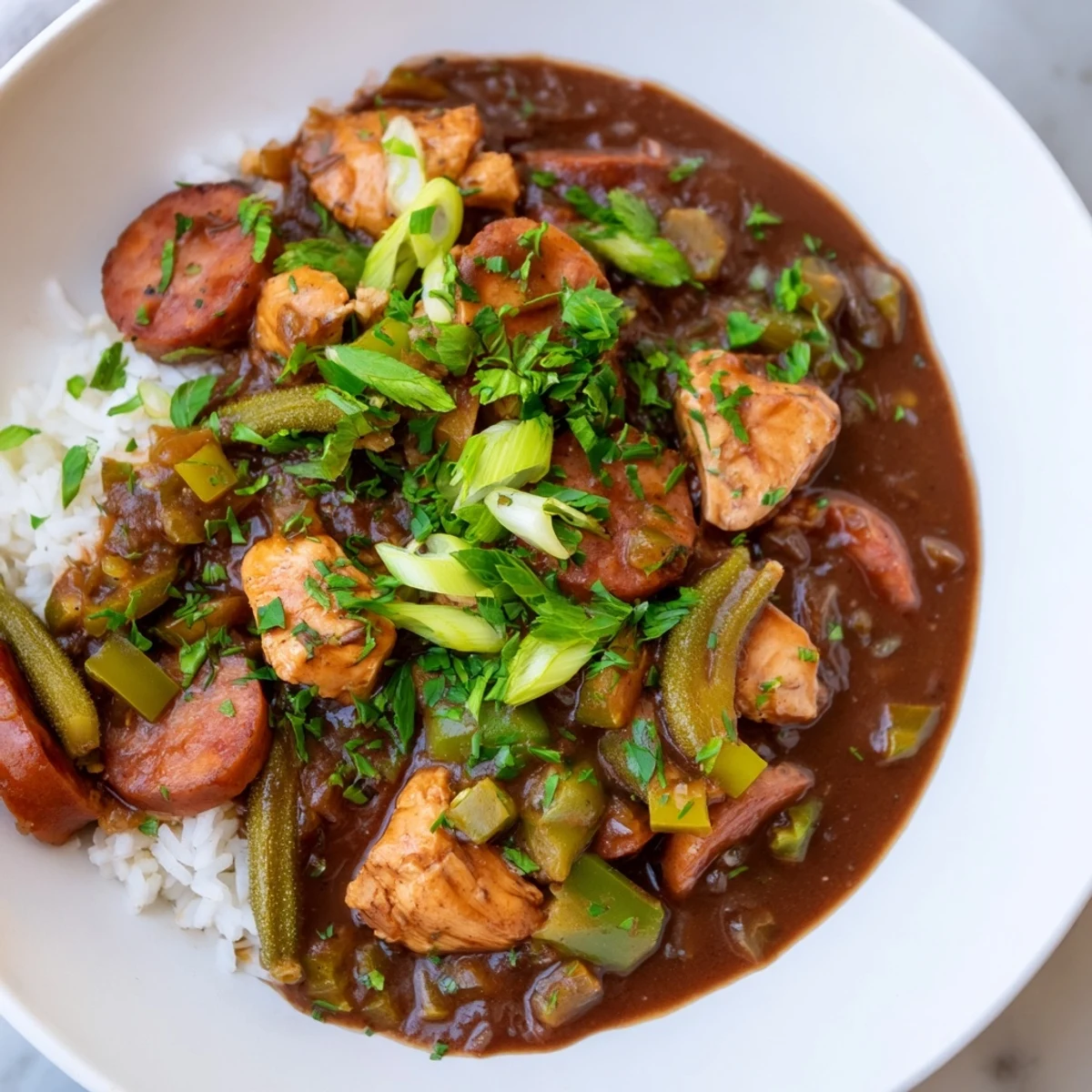 Steaming pot of New Orleans Style Chicken Gumbo, featuring a rich dark roux andouille-style sausage, and fresh herbs.