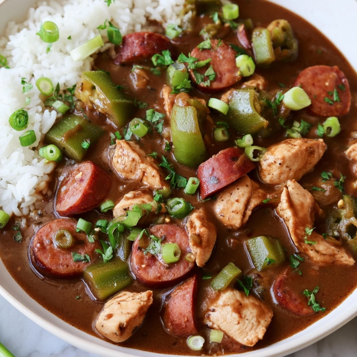 Serving of New Orleans Style Chicken Gumbo ladled over white rice, garnished with fresh parsley and sliced green onions.