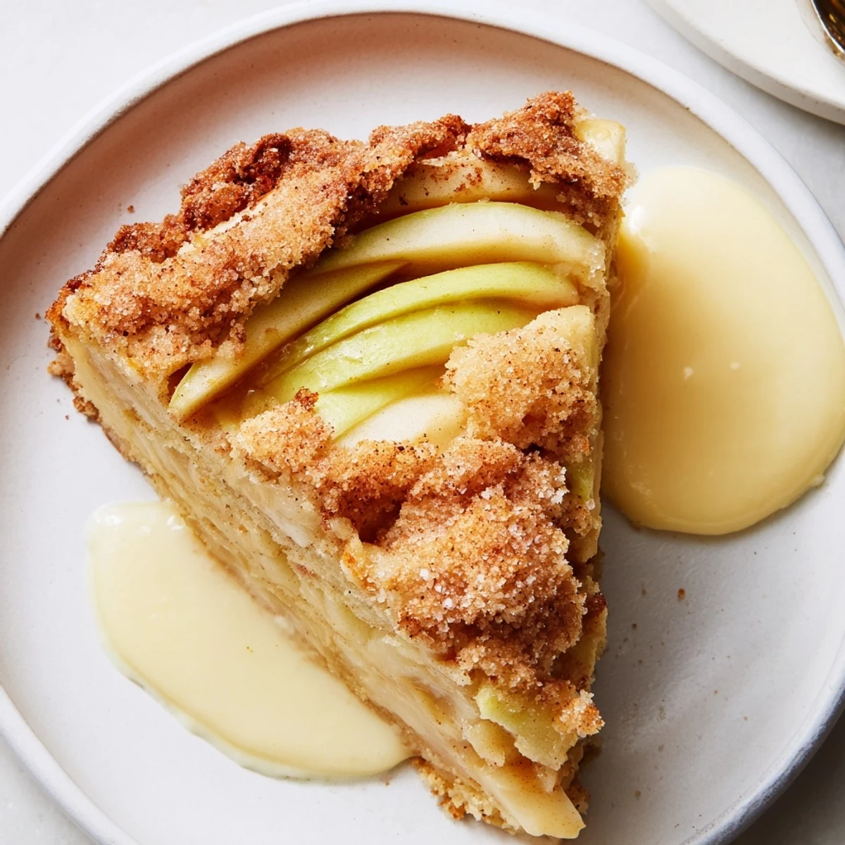 Freshly baked Irish Apple Cake with Vanilla Custard sliced, revealing tender cinnamon apples and a golden crust in a rustic kitchen.