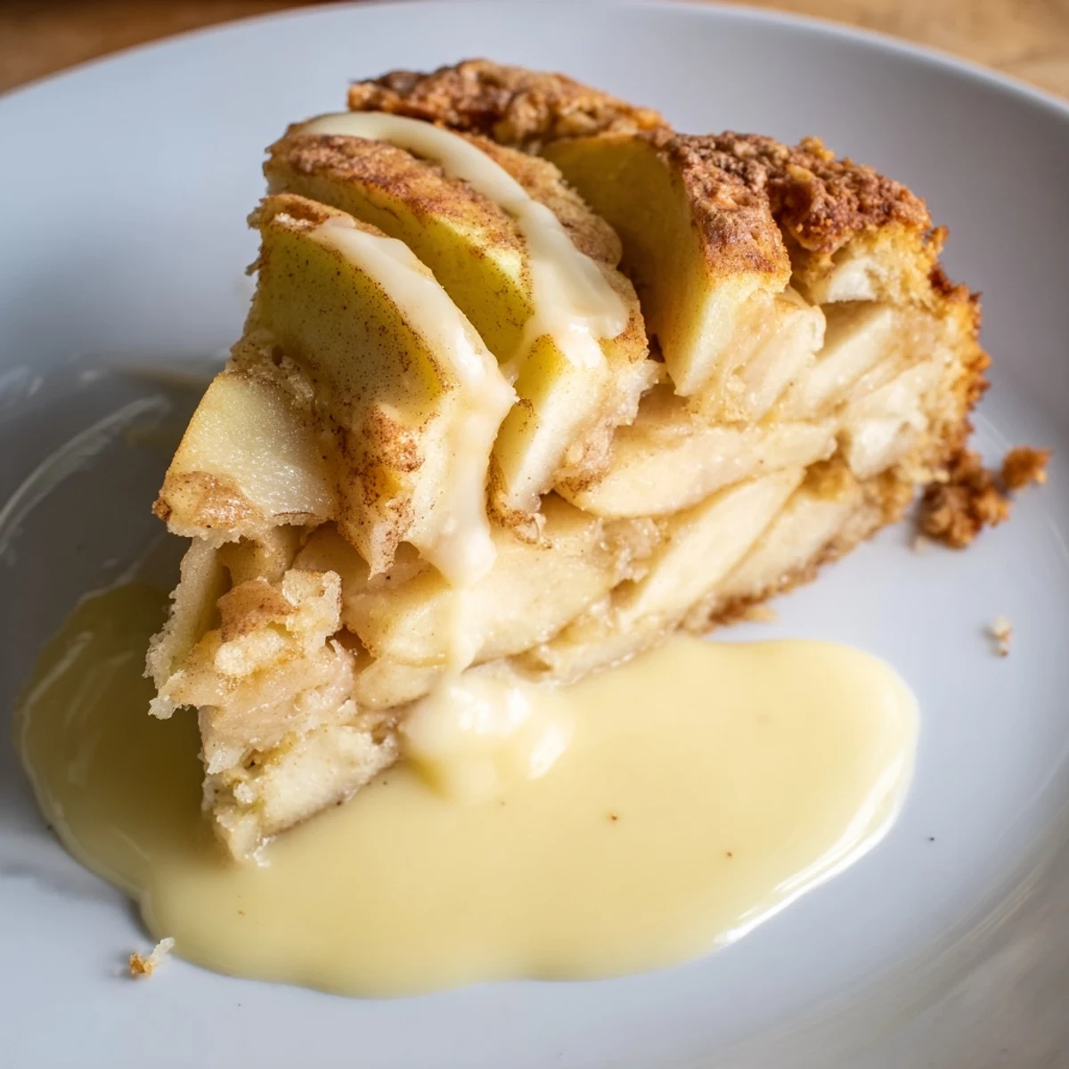 Rustic Irish Apple Cake with Vanilla Custard fresh from the oven, featuring a sprinkled sugar top and cozy dessert vibes.