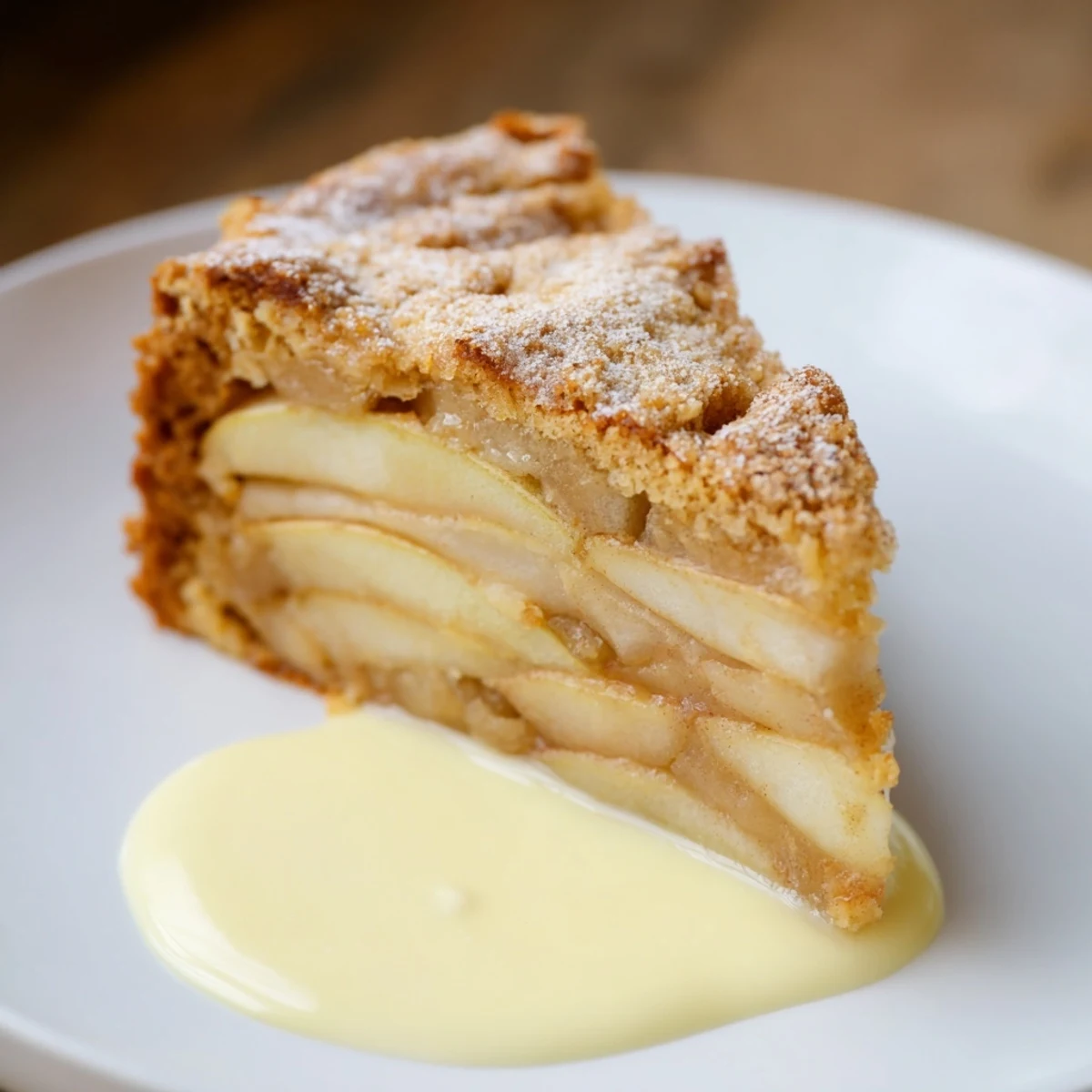 A warm slice of Irish Apple Cake with Vanilla Custard served on a plate, drizzled with silky custard beside steaming tea.
