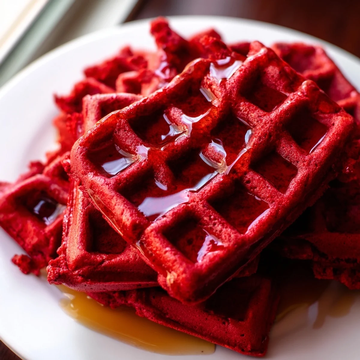 Freshly cooked Red Velvet Waffles with syrup pouring down, revealing a fluffy cocoa interior and vibrant red crumb.