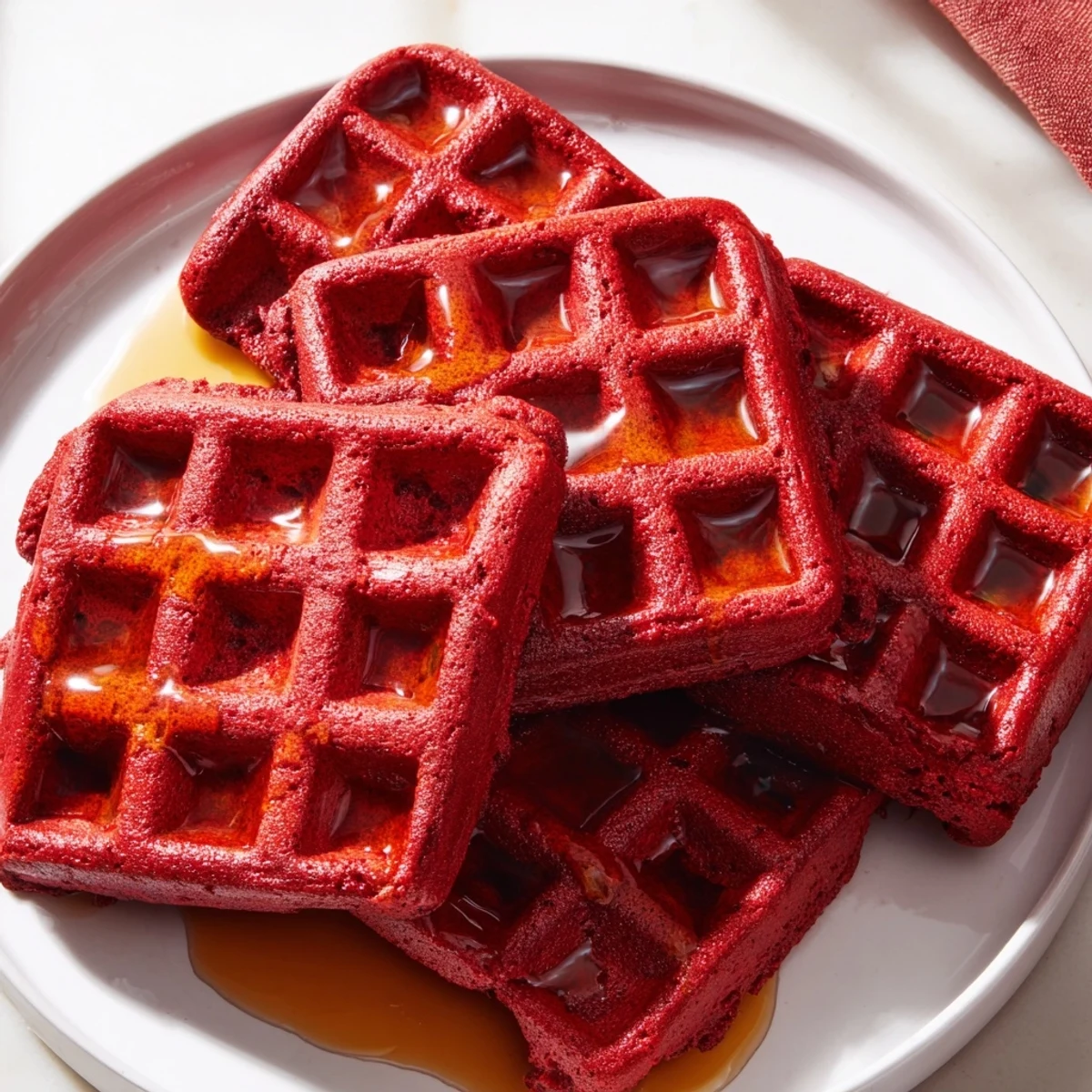 Tall stack of Red Velvet Waffles topped with whipped cream and fresh berries, ready for a festive brunch.