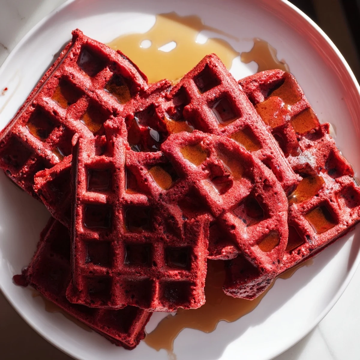 Plate of Red Velvet Waffles with a sweet syrup drizzle, steam rising and golden edges crisp on the table.