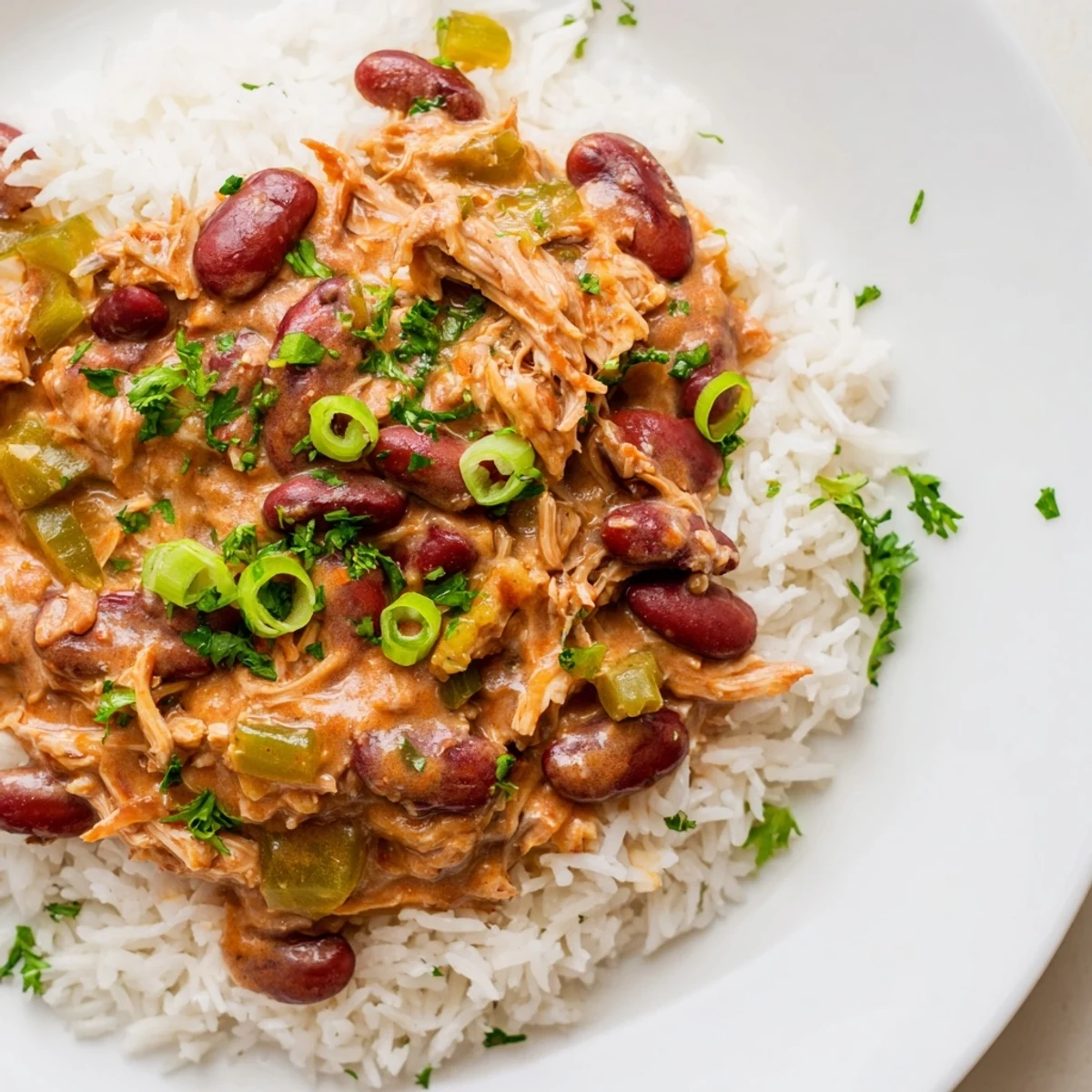 Hearty Creole Red Beans and Rice with Smoked Turkey served over fluffy white rice, ready to eat.