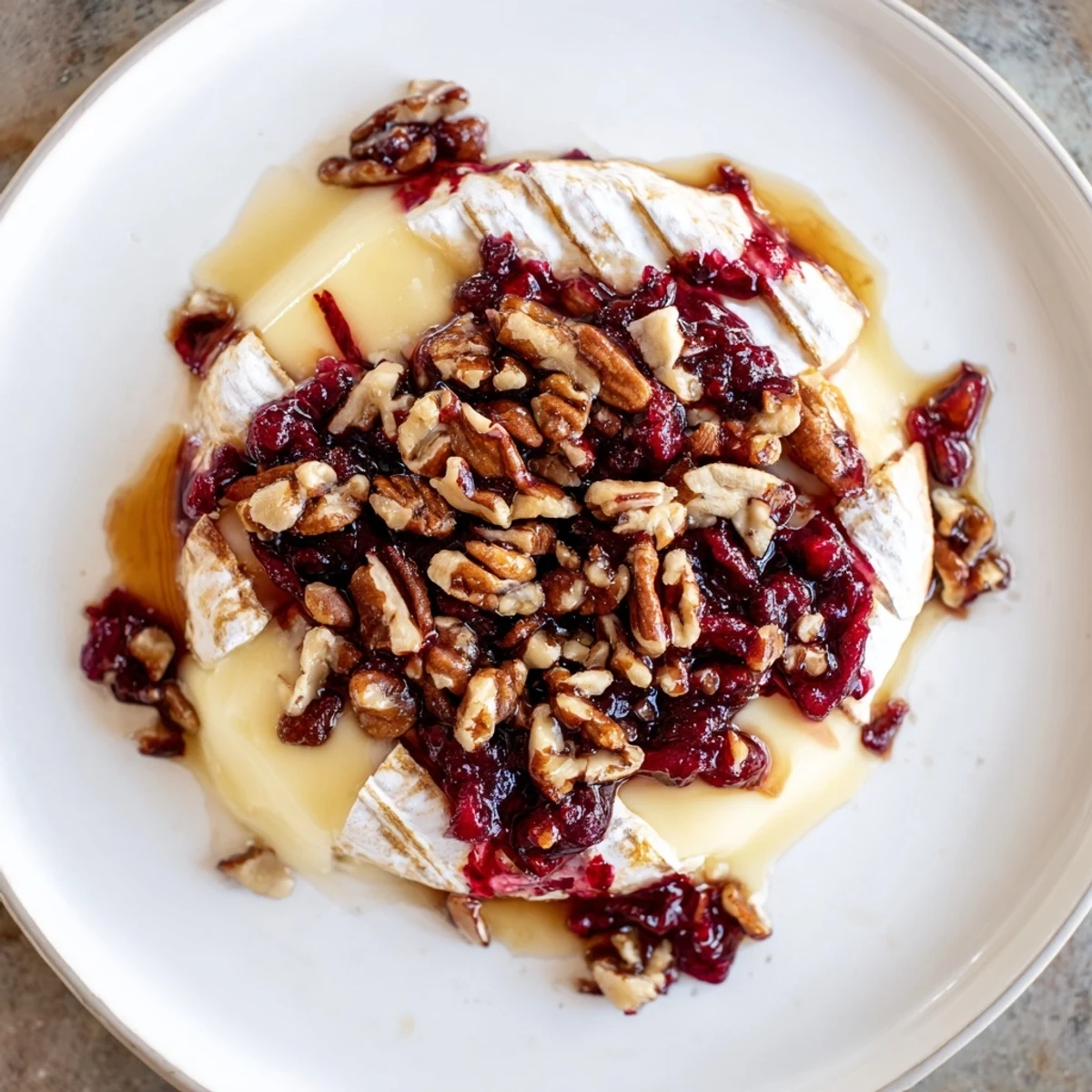 A round wheel of Baked Brie with Cranberry and Pecan, bubbling and gooey, topped with sweet red sauce and crunchy nuts on a wooden board.