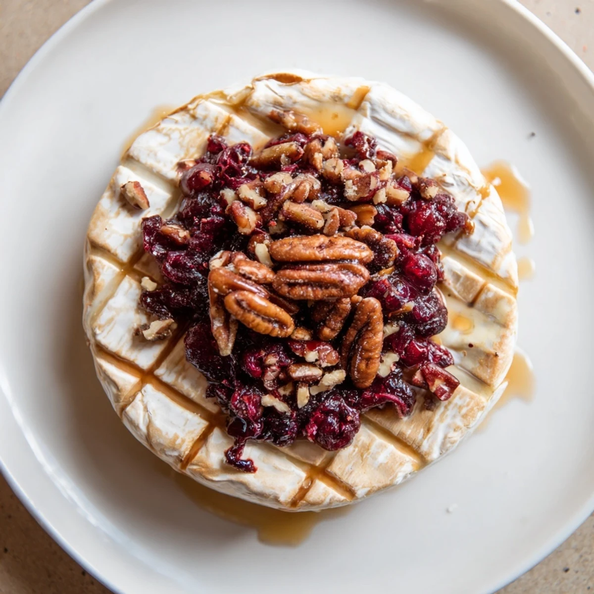 Golden baked Brie with Cranberry and Pecan, garnished with fresh rosemary and served alongside assorted crackers for a festive party platter.